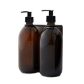 Brushed Silver Double Wall Mounted Soap Dispenser Amber bottles and plastic pumps