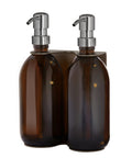 Brushed Silver Double Wall Mounted Soap Dispenser Amber bottles and Silver Pumps 