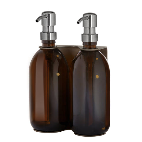 Brushed Silver Double Wall Mounted Soap Dispenser Amber bottles and Silver Pumps 