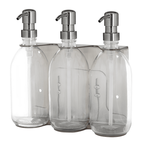 Nickle Triple Wall Mounted Soap Dispenser-Clear bottle and silver pump