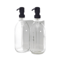 White Double Wall Mounted Soap Dispenser Clear Bottle Black Pump