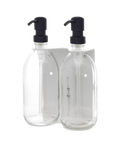 White Double Wall Mounted Soap Dispenser Clear Bottle Black Pump