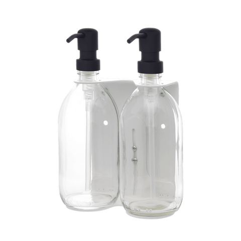 White Double Wall Mounted Soap Dispenser Clear Bottle Black Pump