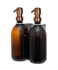 White Double Wall Mounted Soap Dispenser Amber Bottle Bronze Pump