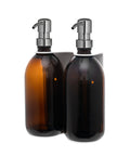 White Double Wall Mounted Soap Dispenser Amber Bottle Silver Pump