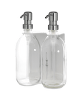 White Double Wall Mounted Soap Dispenser Clear Bottle Silver Pump