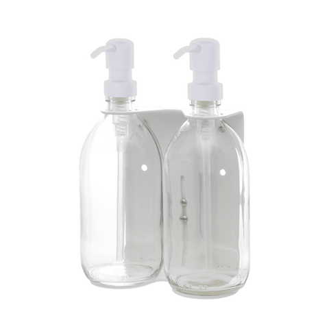 White Double Wall Mounted Soap Dispenser Clear Bottle white Pump