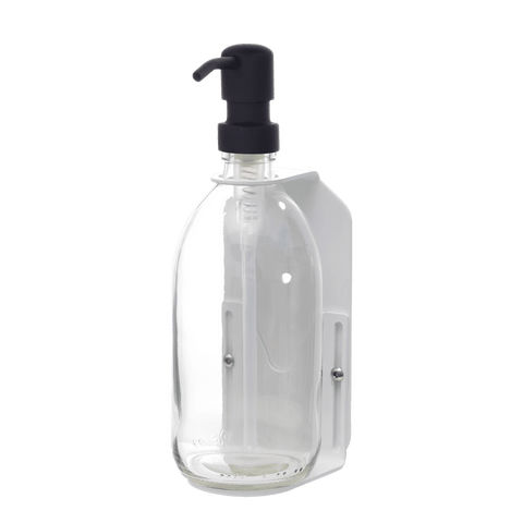 White wall mounted soap dispenser clear bottle and black pump